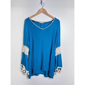 Solitaire Swim Cover‎ Up Womens Beachy Blue Pompom V Neck Long Sleeve Size Large